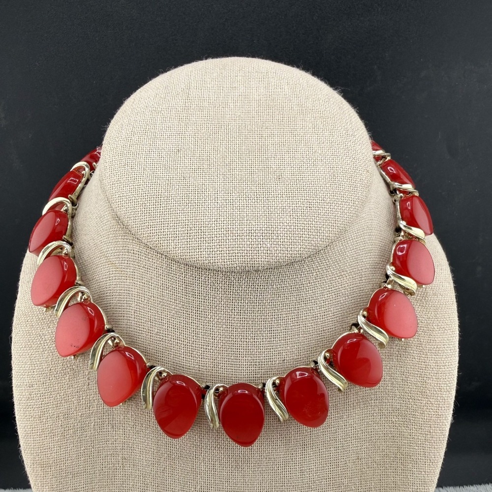 Vintage Estate Thermoset Necklace Red Silver Tone Choker 14in